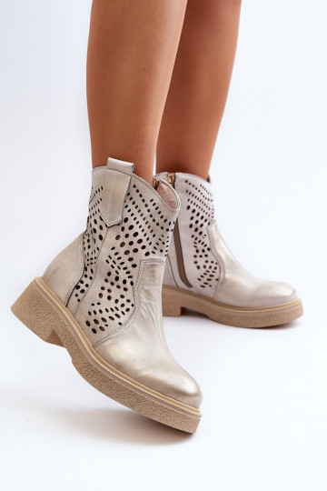 Women's Leather Cutout Cowboy Boots Gold Lewski 3305/2 2