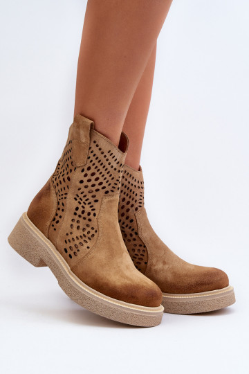 Zazoo 3470 Women's Flat Heel Suede Ankle Boots Beige 2