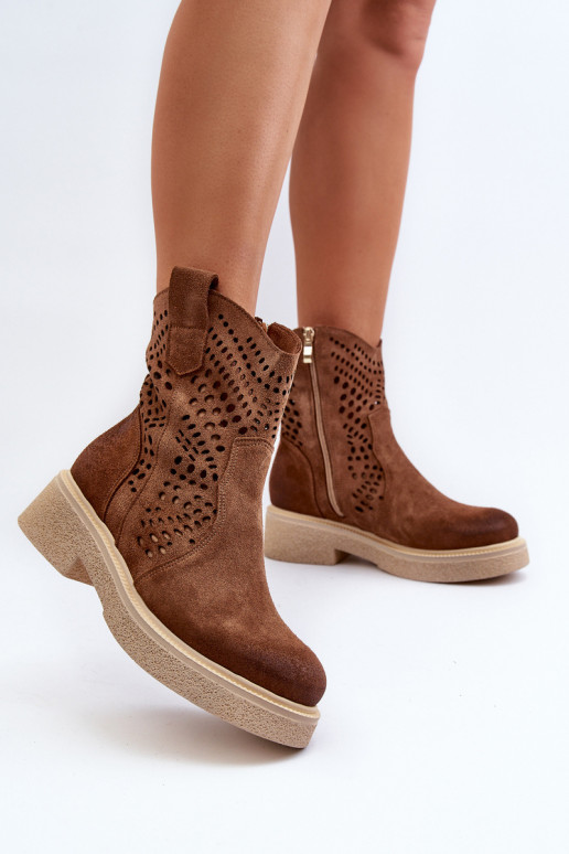 Zazoo 3470 Zamszowe Botki Damskie Na Płaskim Obcasie Ażurowe Brązowe Zazoo 3470 Zamszowe Botki Damskie Na Płaskim Obcasie Ażurowe Brązowe
