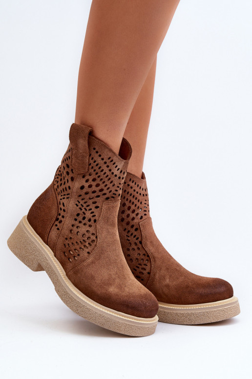 Zazoo 3470 Zamszowe Botki Damskie Na Płaskim Obcasie Ażurowe Brązowe Zazoo 3470 Zamszowe Botki Damskie Na Płaskim Obcasie Ażurowe Brązowe