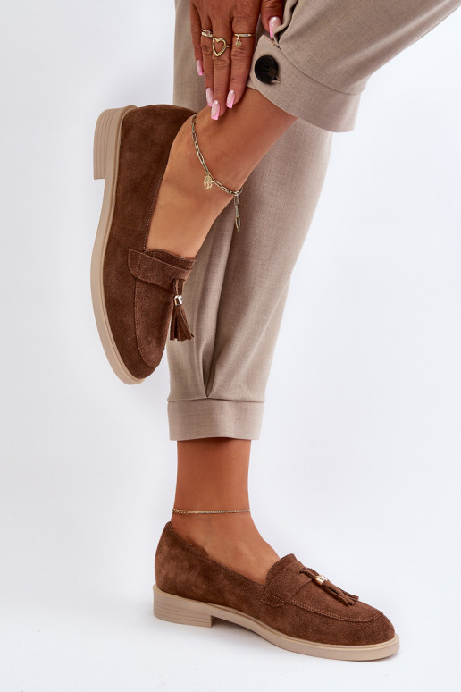 Zazoo 3420 Suede Women's Loafers Flat Heel Brown Zazoo 3420 Suede Women's Loafers Flat Heel Brown