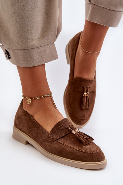 Zazoo 3420 Suede Women's Loafers Flat Heel Brown Zazoo 3420 Suede Women's Loafers Flat Heel Brown