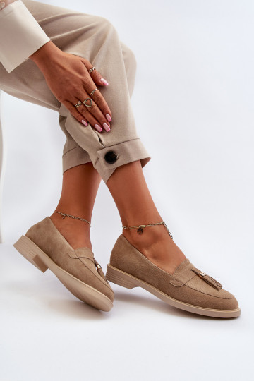 Beige Women's Suede Moccasins With Flat Heel Zazoo 3420 2