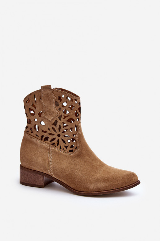 Zazoo 3404 Cut-out Cowboy Boots Low Heel Suede Light Beige Zazoo 3404 Cut-out Cowboy Boots Low Heel Suede Light Beige