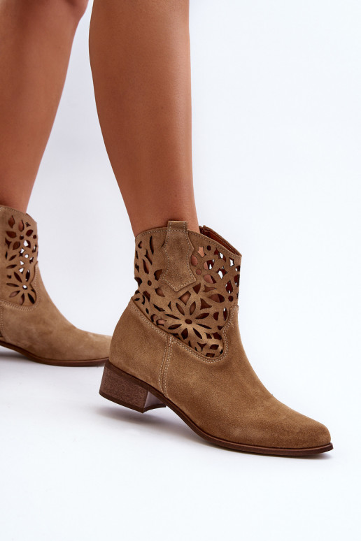 Zazoo 3404 Cut-out Cowboy Boots Low Heel Suede Light Beige Zazoo 3404 Cut-out Cowboy Boots Low Heel Suede Light Beige