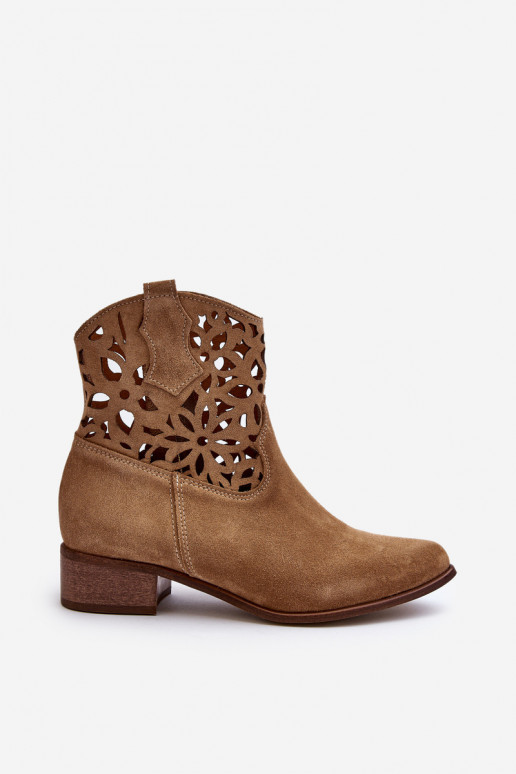 Zazoo 3404 Cut-out Cowboy Boots Low Heel Suede Light Beige Zazoo 3404 Cut-out Cowboy Boots Low Heel Suede Light Beige