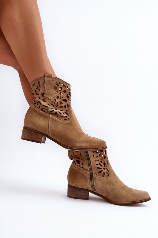 Zazoo 3404 Cut-out Cowboy Boots Low Heel Suede Light Beige Zazoo 3404 Cut-out Cowboy Boots Low Heel Suede Light Beige