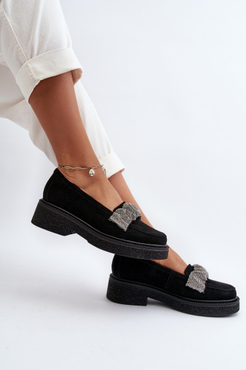 Zazoo 3419 Women's Suede Moccasins with Decorative Strap Black 2