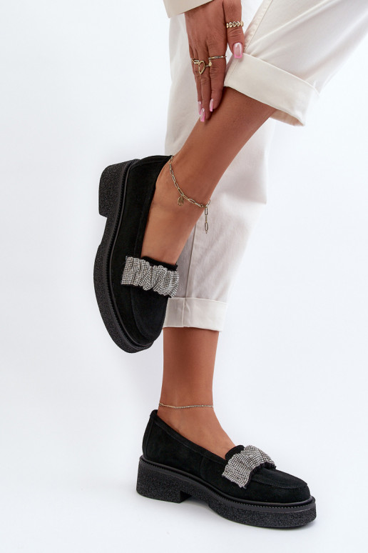 Zazoo 3419 Women's Suede Moccasins with Decorative Strap Black