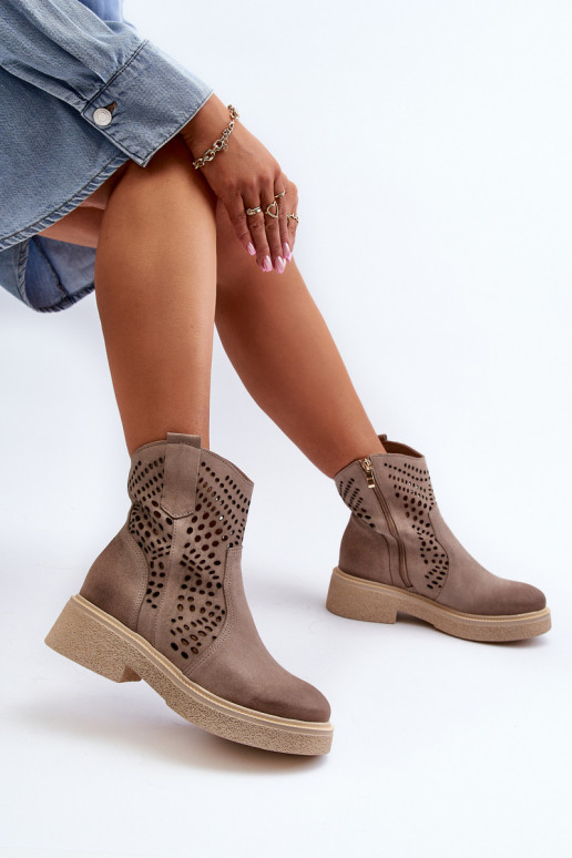 Zazoo 3470 Suede Women's Flat Heel Ankle Boots Cut-out Cappuccino Zazoo 3470 Suede Women's Flat Heel Ankle Boots Cut-out Cappuccino