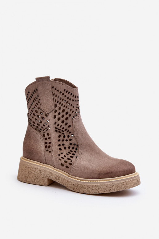 Zazoo 3470 Suede Women's Flat Heel Ankle Boots Cut-out Cappuccino Zazoo 3470 Suede Women's Flat Heel Ankle Boots Cut-out Cappuccino