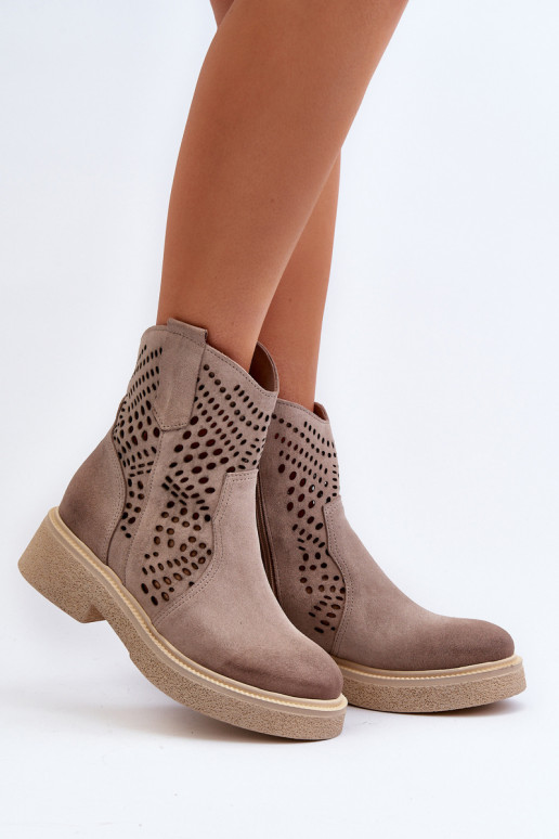 Zazoo 3470 Zamszowe Botki Damskie Na Płaskim Obcasie Ażurowe Cappuccino Zazoo 3470 Zamszowe Botki Damskie Na Płaskim Obcasie Ażurowe Cappuccino