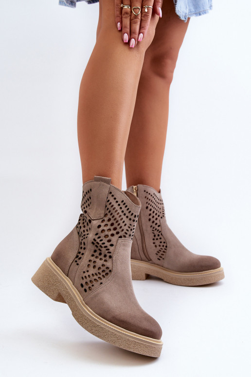 Zazoo 3470 Suede Women's Flat Heel Ankle Boots Cut-out Cappuccino Zazoo 3470 Suede Women's Flat Heel Ankle Boots Cut-out Cappuccino
