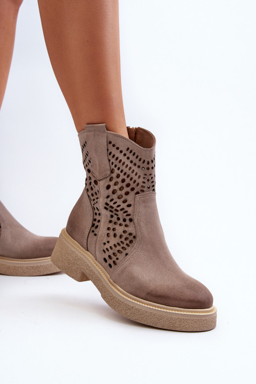 Zazoo 3470 Suede Women's Flat Heel Ankle Boots Cut-out Cappuccino Zazoo 3470 Suede Women's Flat Heel Ankle Boots Cut-out Cappuccino