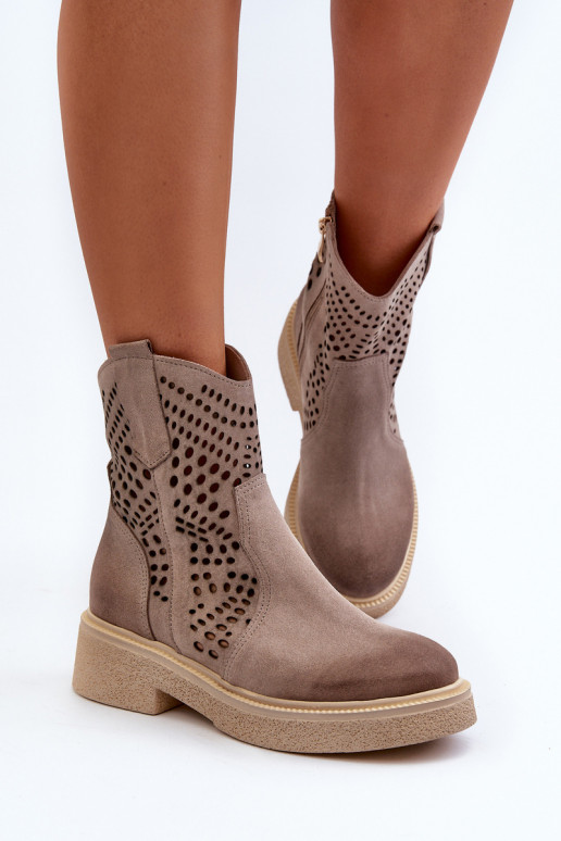 Zazoo 3470 Suede Women's Flat Heel Ankle Boots Cut-out Cappuccino Zazoo 3470 Suede Women's Flat Heel Ankle Boots Cut-out Cappuccino