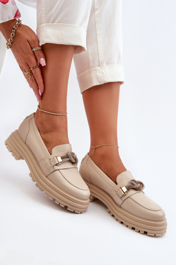 Women's Leather Moccasins with Ornament Laura Messi 2780 Beige 2