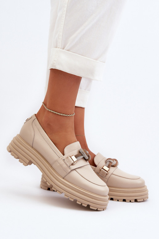 Women's Leather Moccasins with Ornament Laura Messi 2780 Beige Women's Leather Moccasins with Ornament Laura Messi 2780 Beige