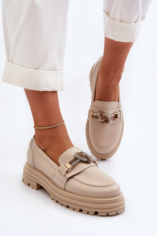 Women's Leather Moccasins with Ornament Laura Messi 2780 Beige Women's Leather Moccasins with Ornament Laura Messi 2780 Beige