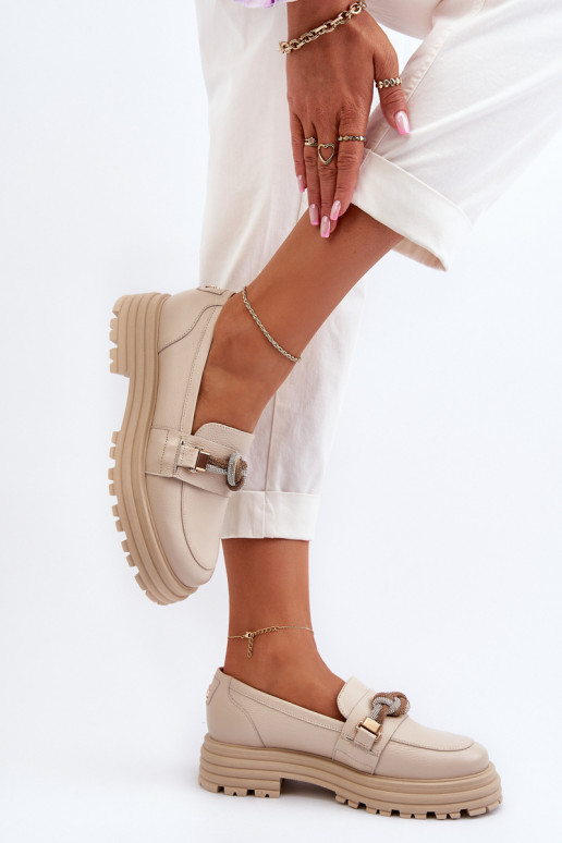 Women's Leather Moccasins with Ornament Laura Messi 2780 Beige Women's Leather Moccasins with Ornament Laura Messi 2780 Beige