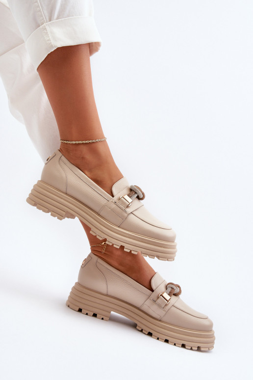 Women's Leather Moccasins with Ornament Laura Messi 2780 Beige Women's Leather Moccasins with Ornament Laura Messi 2780 Beige