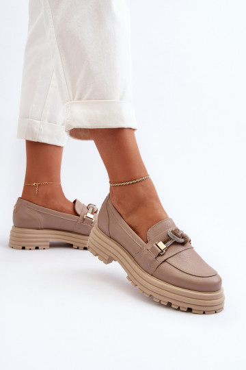 Women's Leather Moccasins with Decoration Laura Messi 2780 Dark Beige 2