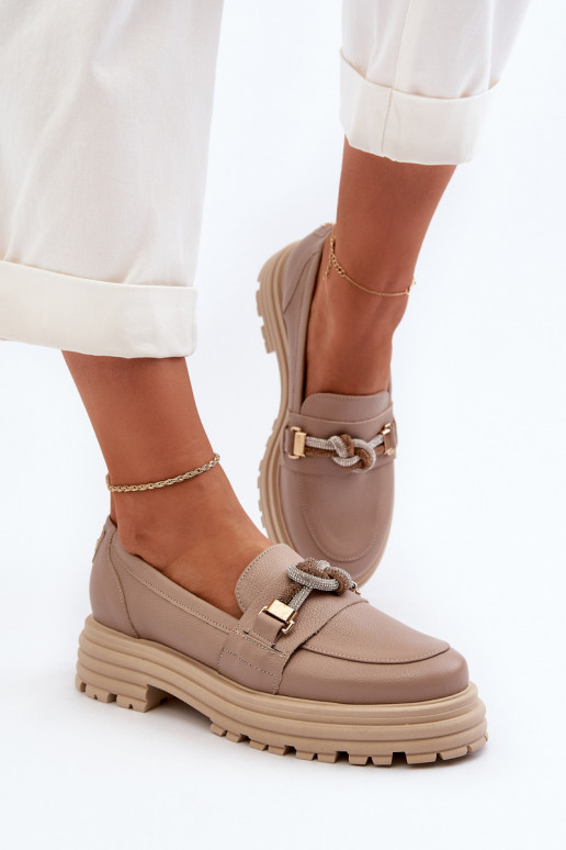 Women's Leather Moccasins with Decoration Laura Messi 2780 Dark Beige Women's Leather Moccasins with Decoration Laura Messi 2780 Dark Beige