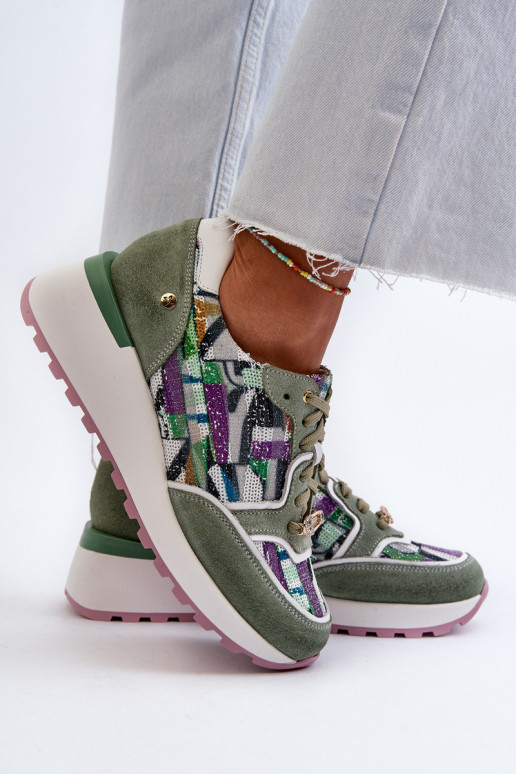 Skórzane Sneakersy Damskie Na Platformie Maciejka 06390-09 Seledynowe