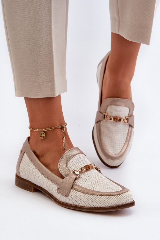 Leather Moccasins With Gold Ornament Maciejka 06442-25 Gold Leather Moccasins With Gold Ornament Maciejka 06442-25 Gold