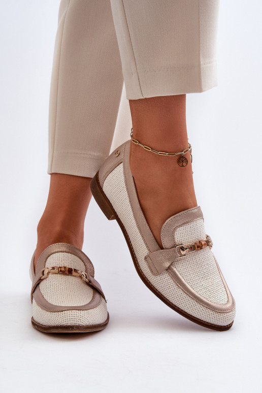 Leather Moccasins With Gold Ornament Maciejka 06442-25 Gold Leather Moccasins With Gold Ornament Maciejka 06442-25 Gold