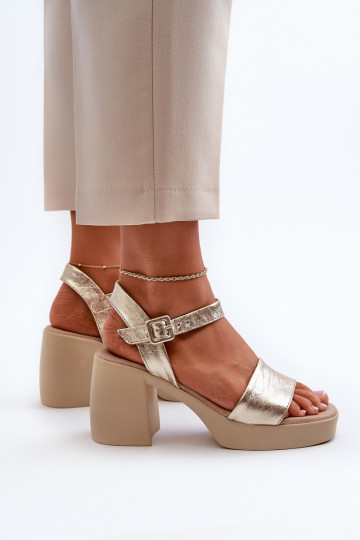 Zazoo 40386 Women's Leather Sandals With Block Heel Gold 2