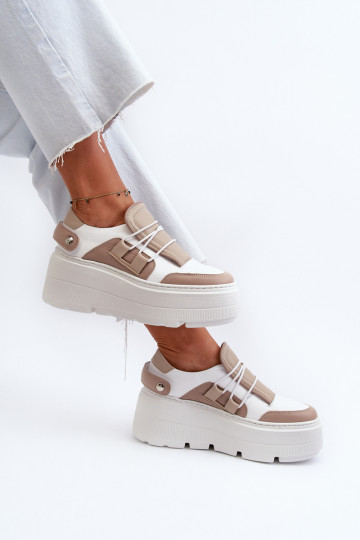 Zazoo 1833 Sneakersy Damskie Skórzane Na Masywnej Podeszwie Beżowo-Białe 2