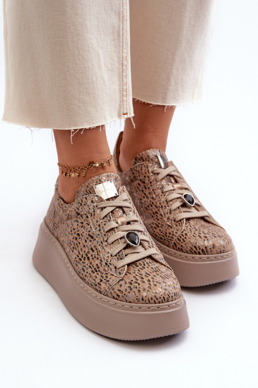 Skórzane Buty Sportowe Na Platformie Maciejka 06191-10 Beżowe