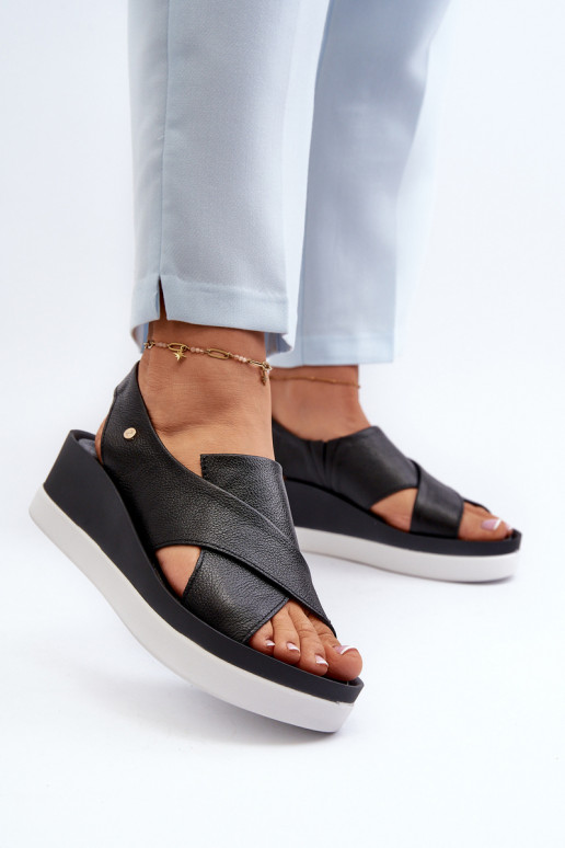 Zazoo 40256 Skórzane Sandały Na Koturnie Czarne Zazoo 40256 Skórzane Sandały Na Koturnie Czarne