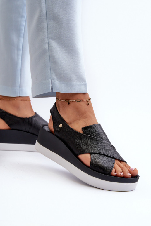 Zazoo 40256 Skórzane Sandały Na Koturnie Czarne Zazoo 40256 Skórzane Sandały Na Koturnie Czarne