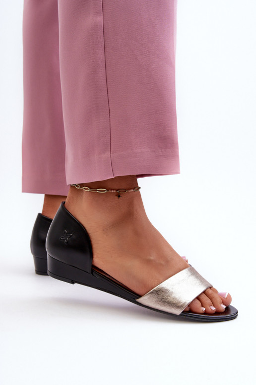 Skórzane Sandały Maciejka 1971-67 Czarno-Złote