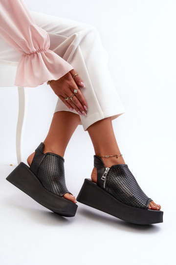 Zazoo 1792 Leather Cutout Wedge Sandals Black 2
