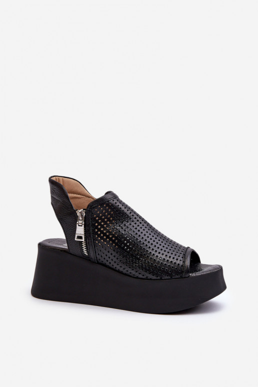 Zazoo 1792 Leather Cutout Wedge Sandals Black Zazoo 1792 Leather Cutout Wedge Sandals Black