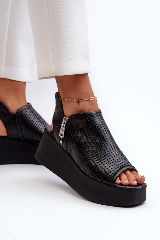 Zazoo 1792 Leather Cutout Wedge Sandals Black Zazoo 1792 Leather Cutout Wedge Sandals Black
