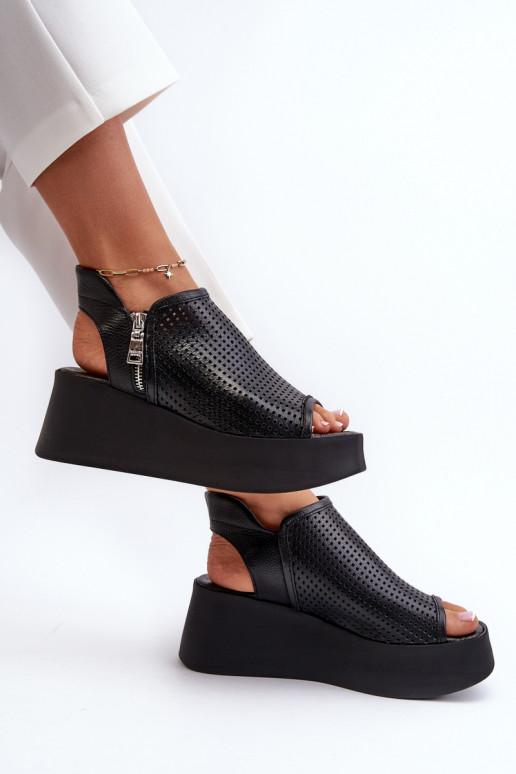 Zazoo 1792 Leather Cutout Wedge Sandals Black Zazoo 1792 Leather Cutout Wedge Sandals Black