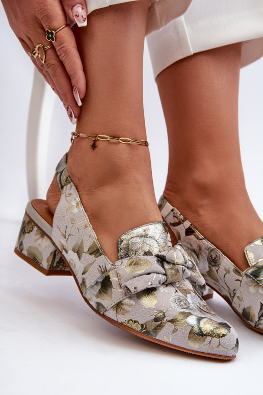 Damskie Skórzane Sandały Na Niskim Obcasie W Kwiaty Maciejka N6539-38 Zielone