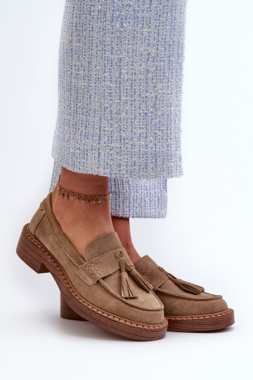Women's Suede Loafers with Fringes D&A Brown 2