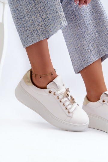 Women's Leather Platform Sneakers with Decorative Buttons D&A SN67 White 2