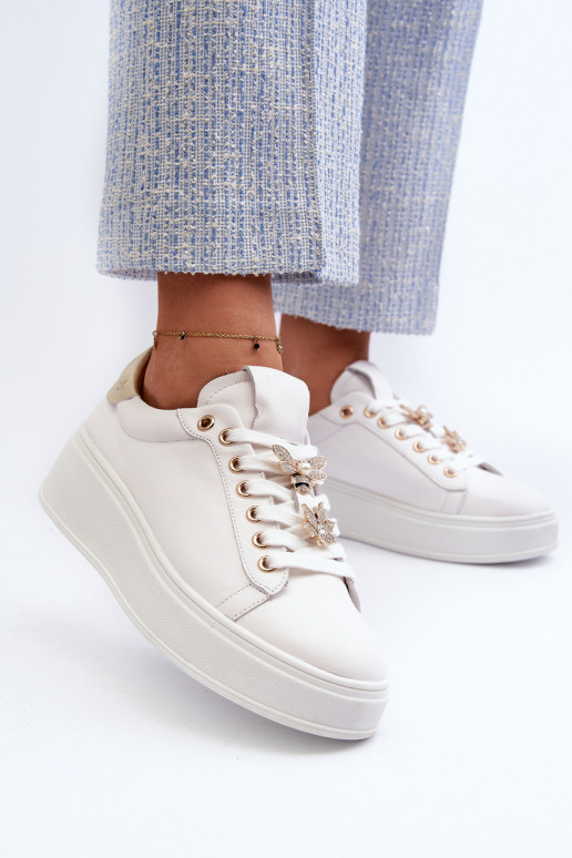 Women's Leather Platform Sneakers with Decorative Buttons D&A SN67 White