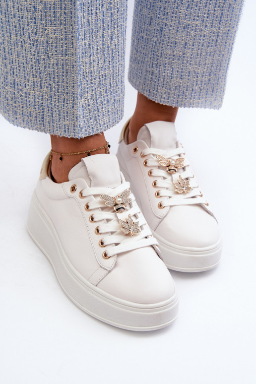 Women's Leather Platform Sneakers with Decorative Buttons D&A SN67 White