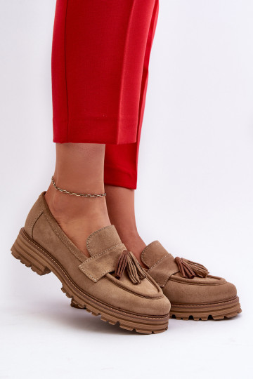 Zazoo 3469 Suede Women's Loafers With Fringes Beige 2