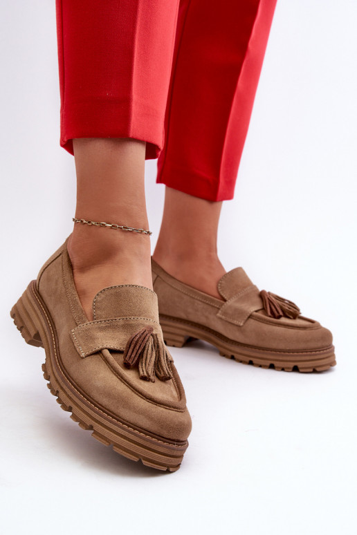 Zazoo 3469 Suede Women's Loafers With Fringes Beige Zazoo 3469 Suede Women's Loafers With Fringes Beige