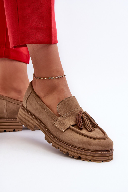 Zazoo 3469 Suede Women's Loafers With Fringes Beige Zazoo 3469 Suede Women's Loafers With Fringes Beige