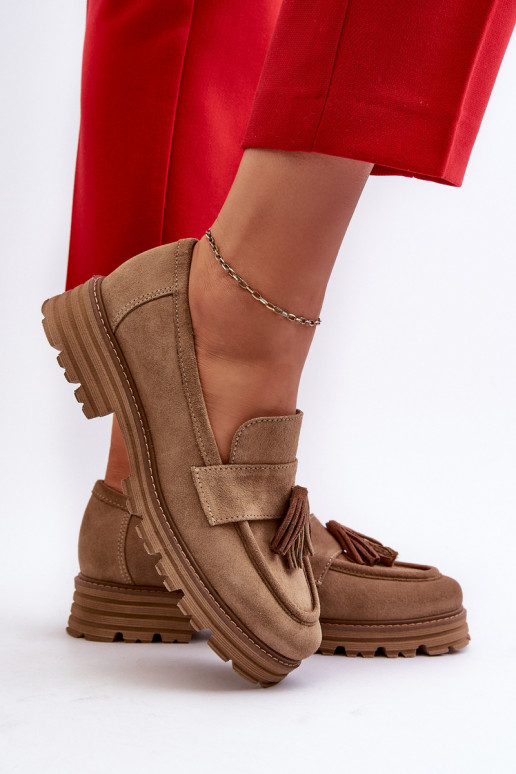 Zazoo 3469 Suede Women's Loafers With Fringes Beige Zazoo 3469 Suede Women's Loafers With Fringes Beige