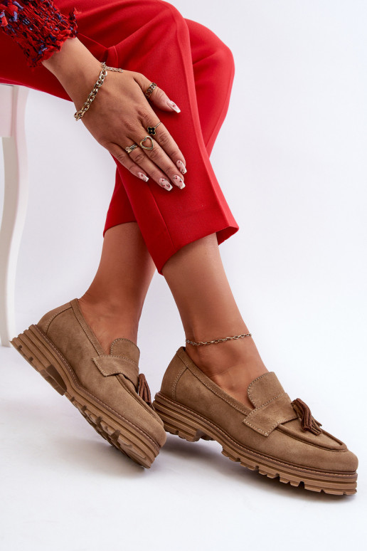 Zazoo 3469 Suede Women's Loafers With Fringes Beige Zazoo 3469 Suede Women's Loafers With Fringes Beige