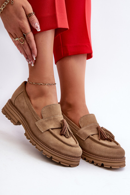 Zazoo 3469 Suede Women's Loafers With Fringes Beige Zazoo 3469 Suede Women's Loafers With Fringes Beige